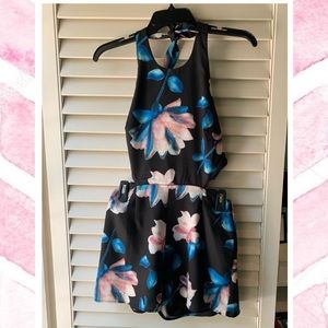 Black - Blue & Pink Flower - Tie Romper